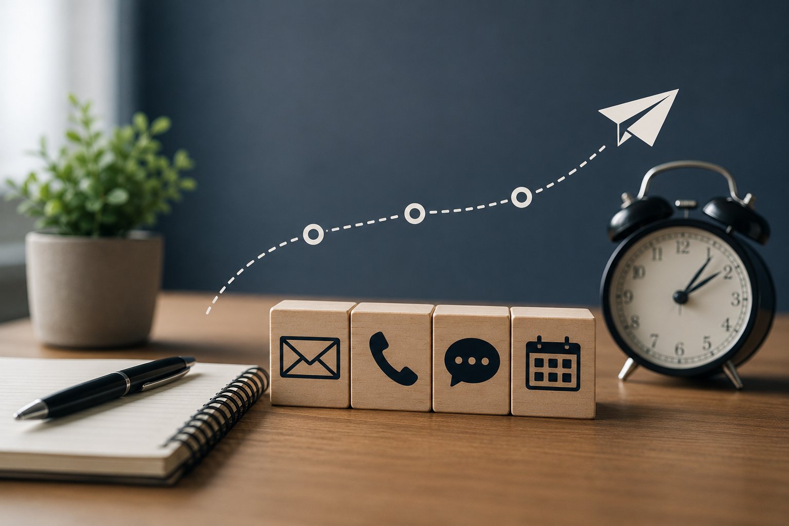 Business follow-up concept featuring communication icons, a notebook, and a clock on a modern desk representing consistent and professional sales follow-up.