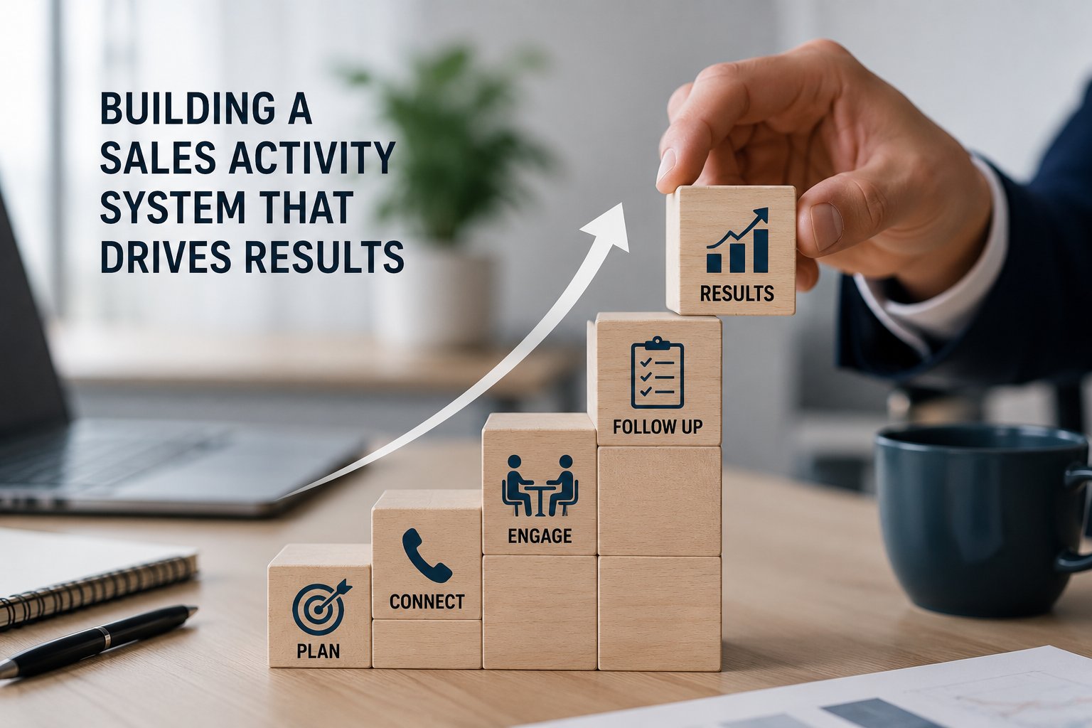 Business professional building a structured sales pipeline with wooden blocks representing sales process stages and forecast growth.